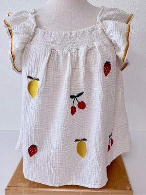 Sweet Treasures Fruit Embroidered Gauze Top Cottagecore Flutter Sleeve Medium